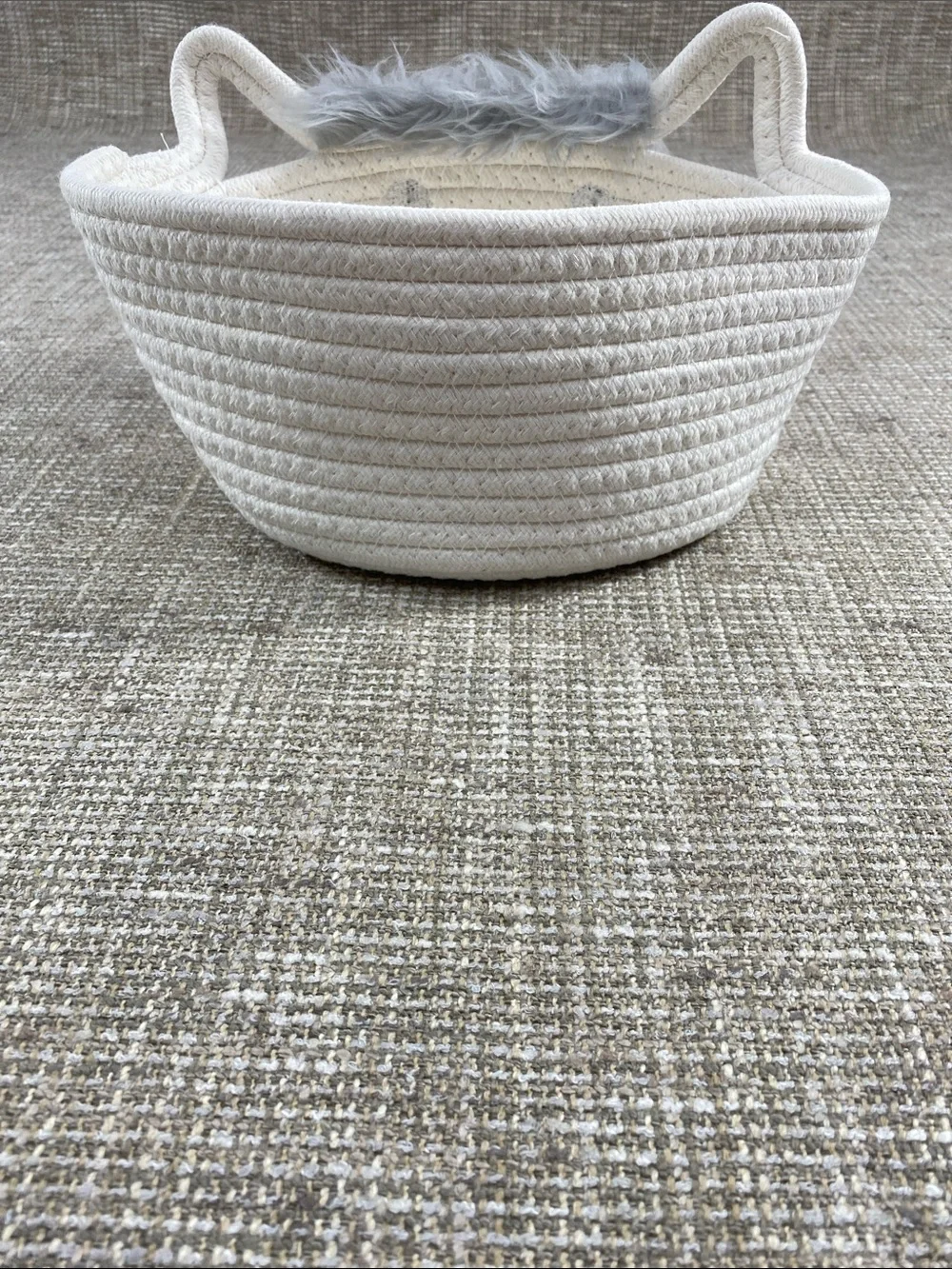White Rope Storage Basket with Gray Faux Fur Details cute cow